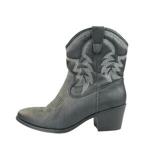 Global Win Black Faux Leather Stitch Embroidered Mid Calf Western Cowboy Boots 8